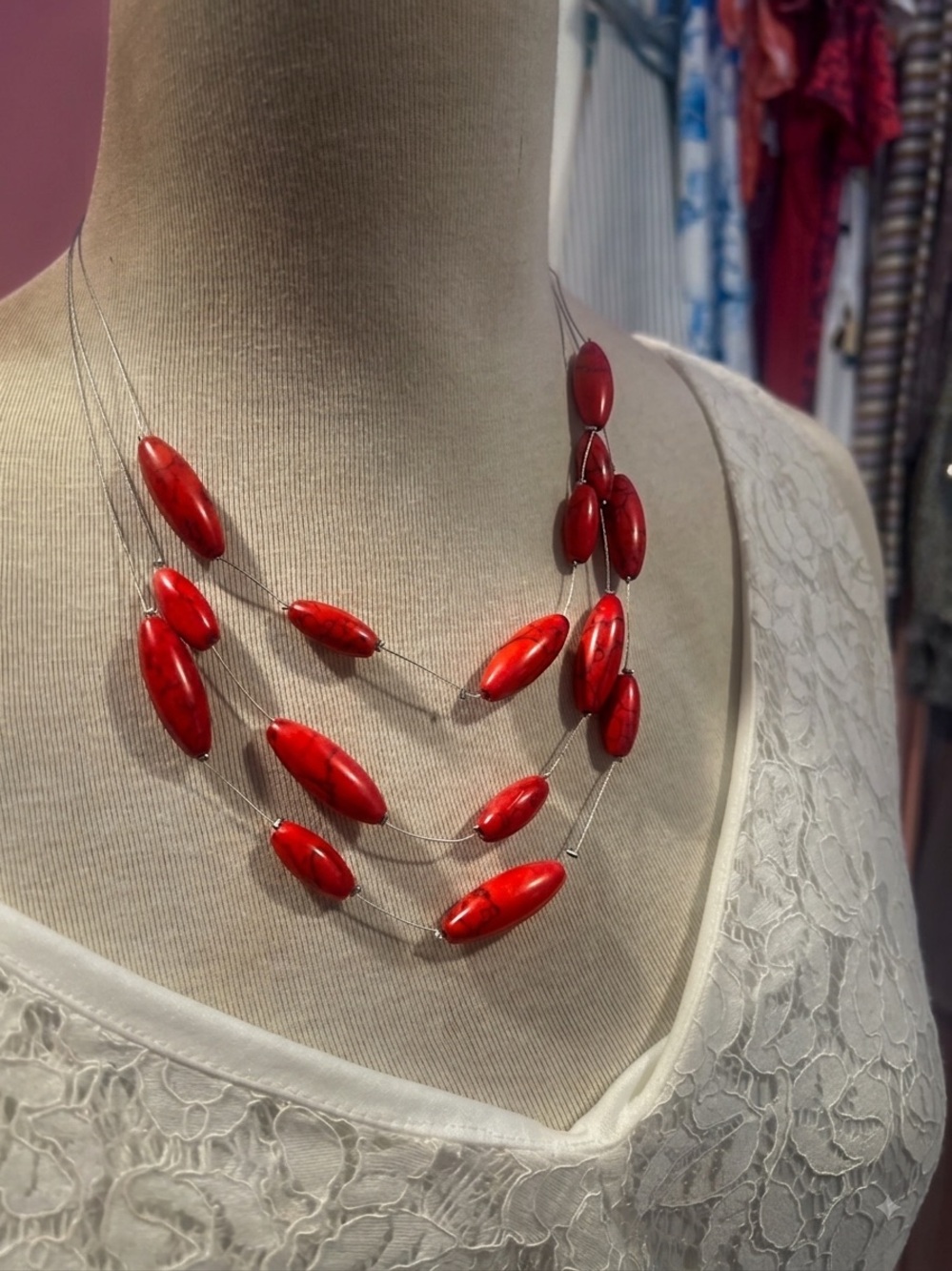 Layered Red Bead Necklace for Women - Sleek Multi-Strand Design